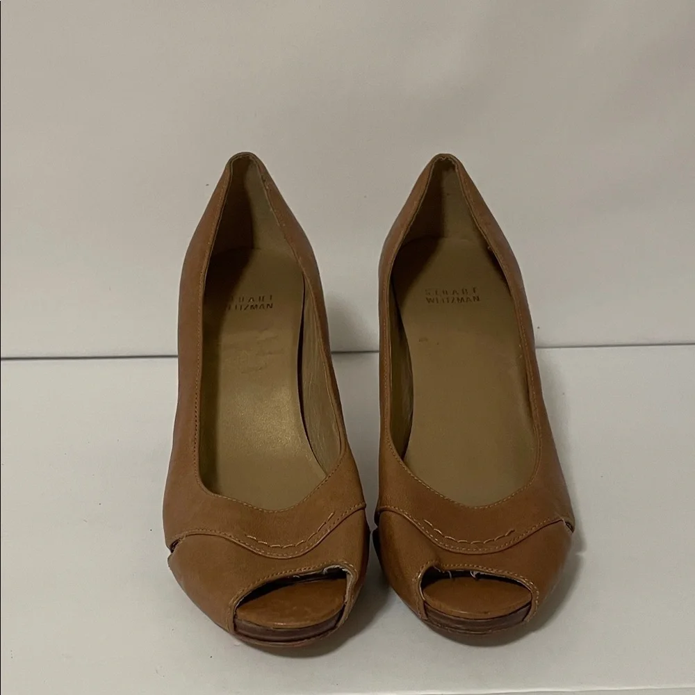Stuart Weitzman Tan Peep-Toe Heels